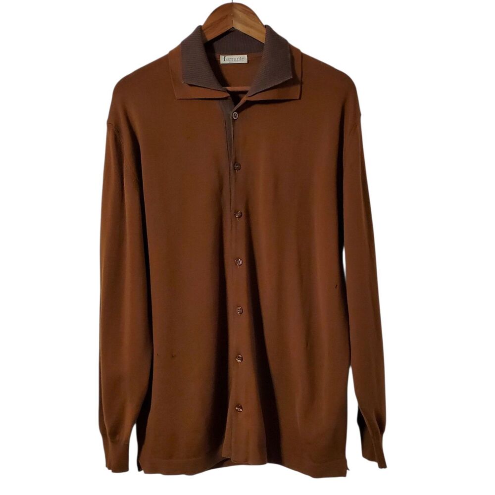 Ferrante 100% Merino Wool Cardigan L Double Collared Brown Sweater **Holes